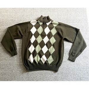 IZOD Green‎ Argyle Sweater Men's Size Medium 1/4 Zip Cotton Preppy Academia